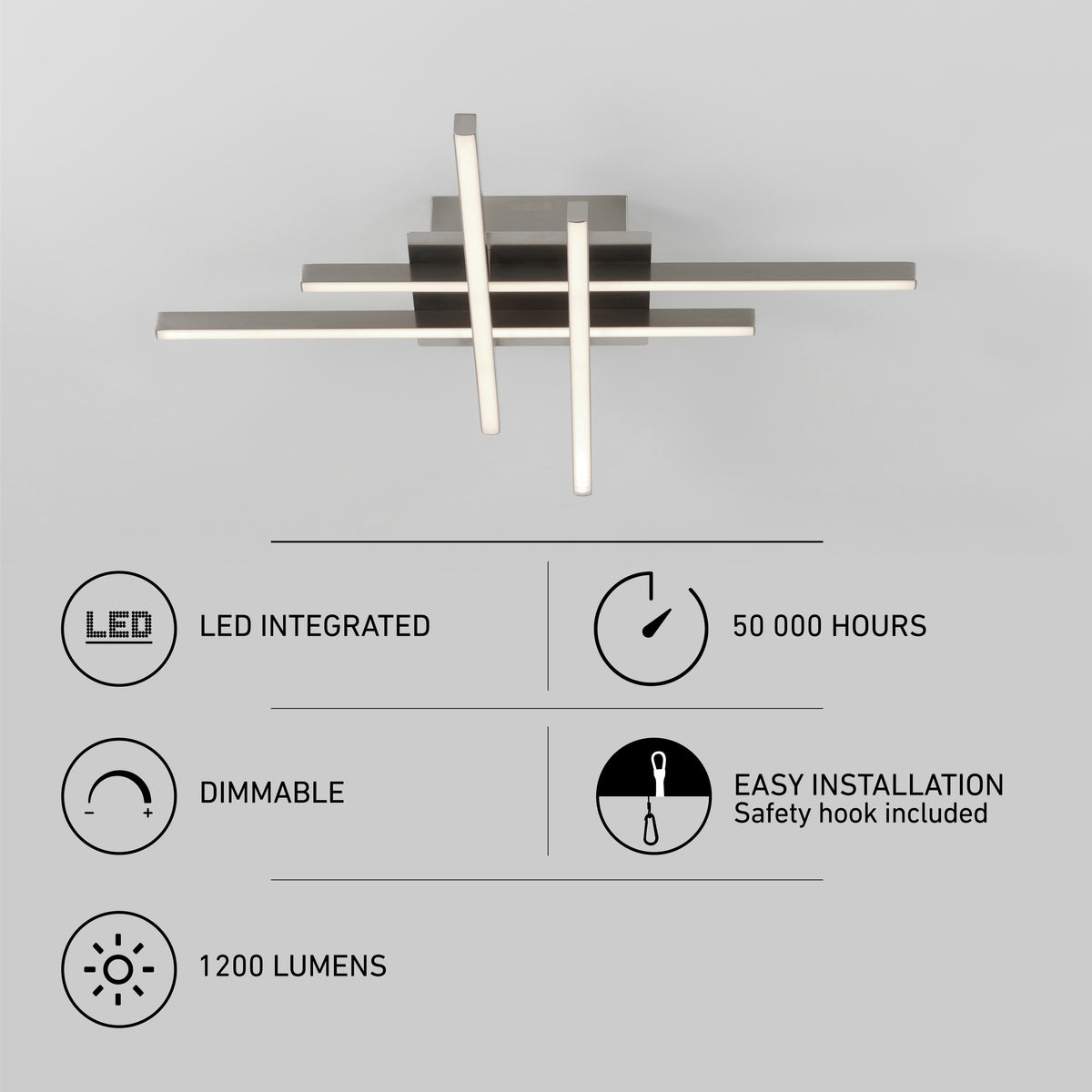 Modern ceiling light fixture with four intersecting LED bars. Below are icons and text highlighting features: LED integrated, 50,000 hours lifespan, dimmable, 1200 lumens, and easy installation with a safety hook included.