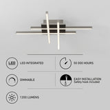 Modern ceiling light fixture with four intersecting LED bars. Below are icons and text highlighting features: LED integrated, 50,000 hours lifespan, dimmable, 1200 lumens, and easy installation with a safety hook included.