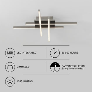 The Artika Grid LED flush mount features intersecting bars, integrated LED with 50,000-hour lifespan, 1200 lumens brightness, dimmable function, and easy installation with a safety hook included.