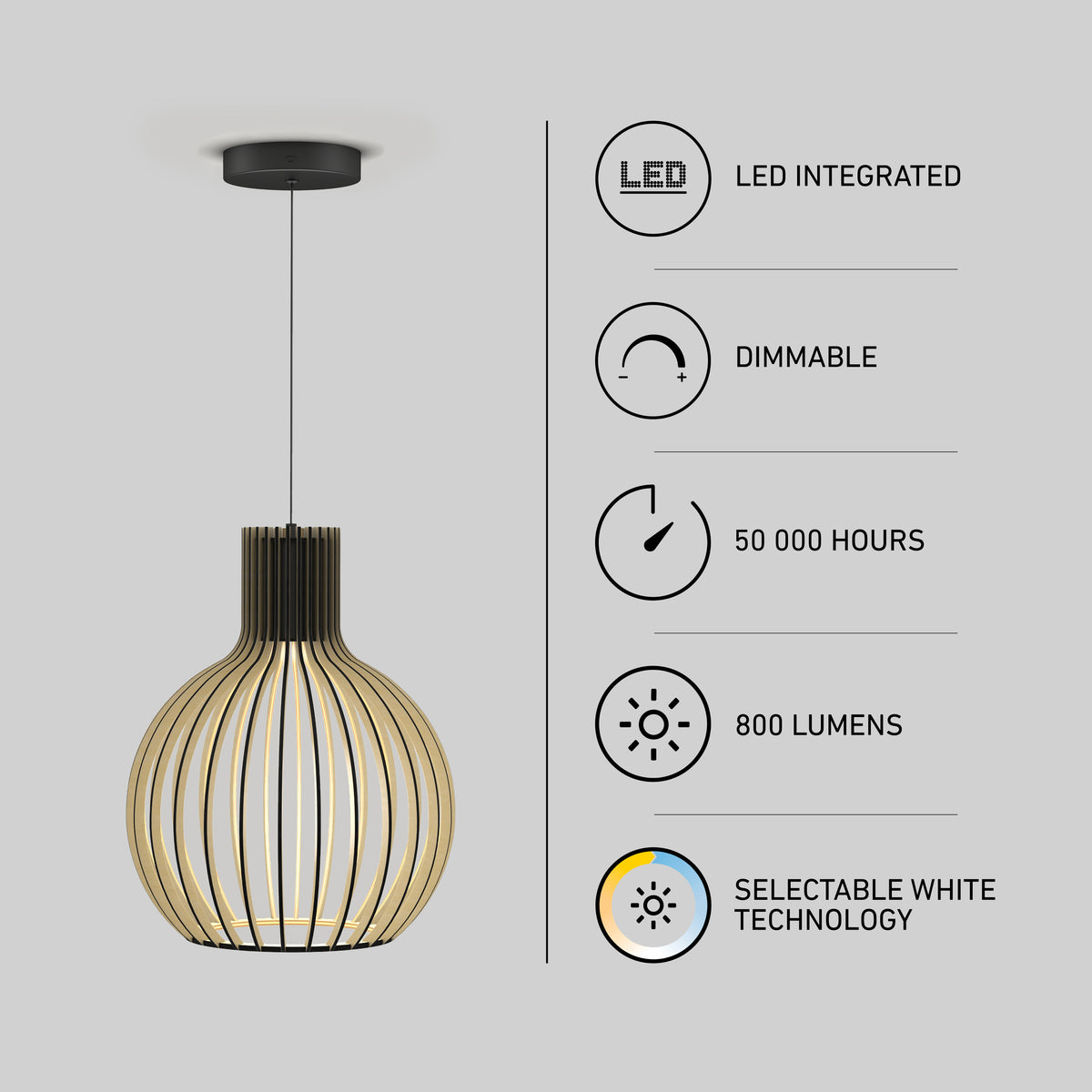 Modern pendant light with a wood-accented cage design, shown with features: LED integrated, dimmable, 50,000-hour lifespan, 800 lumens, and selectable white technology. White background with icons and text.