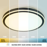 A round ceiling light is shown with five color temperature options, ranging from warm white (2700K) on the left to cool white (5000K) on the right. Text labels indicate each temperature and the light’s adjustability.