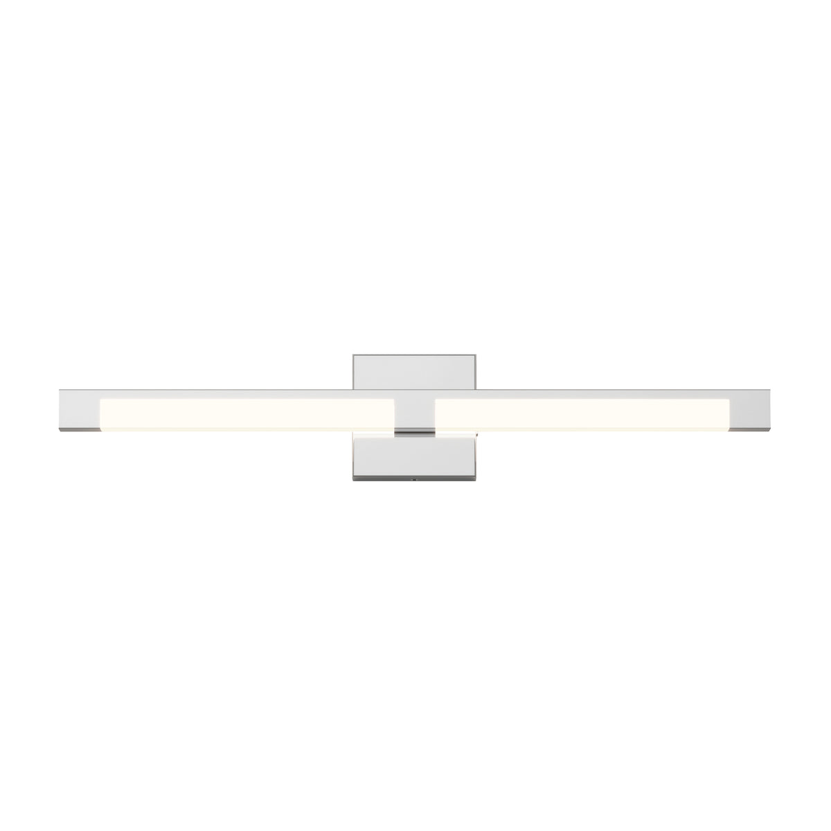 A modern, horizontal wall-mounted LED light fixture with a central square base and a sleek, minimalist design in silver and white.