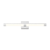 A modern, horizontal wall-mounted LED light fixture with a central square base and a sleek, minimalist design in silver and white.