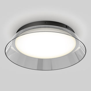 The Artika Arthur modern LED flush mount light 5 CCT features a circular, flat white diffuser with a clear, angled rim on a dark metallic base, offering stylish illumination.