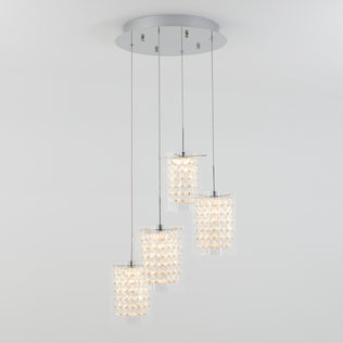 The Artika Crystal Cube 4-light LED pendant light features four textured, crystal-like cylindrical pendants at varying lengths, suspended from a round metallic base for a modern look.