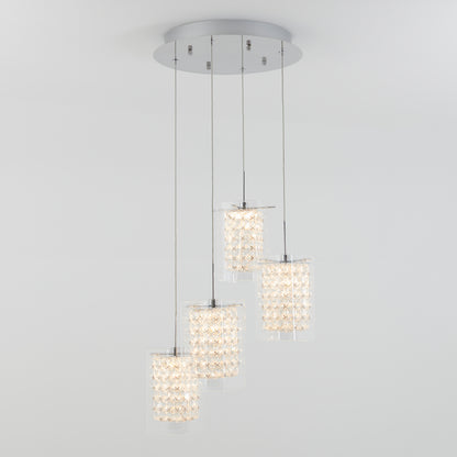 The Artika Crystal Cube 4-light LED pendant light features four textured, crystal-like cylindrical pendants at varying lengths, suspended from a round metallic base for a modern look.