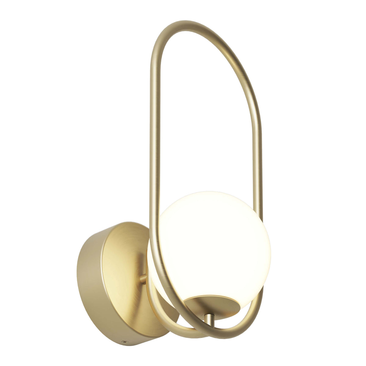 The Bloom LED Sconce 3 CCT by Artika features a brushed gold finish, circular base, and an oval frame holding a frosted white spherical glass shade for a modern look.