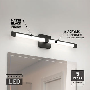 The Artika Tivoli modern LED bathroom vanity light 5 CCT features a matte black finish, acrylic diffuser, and adjustable lighting with a compatible dimmer. No bulbs required. Wall-mounted with 5-year warranty included.
