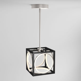 The Astoria LED modern pendant light by Artika showcases a black cube frame with intersecting circular LEDs, suspended from a sleek silver rod and mount, set against a plain white background.