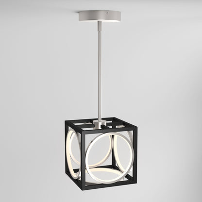 The Astoria LED modern pendant light by Artika features a black cube frame with glowing circular LED lights, suspended from a metal rod and canopy, shown against a plain white background.