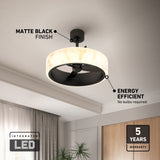 Ceiling fan with a circular light fixture featuring a matte black finish, integrated LED lighting, and labeled as energy efficient with a 5-year warranty. Room has white walls, curtain, and a wooden door.