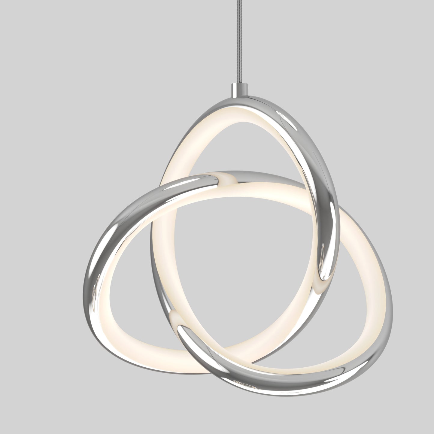 The Artika Zephyr 3-light LED pendant features three interlocking oval metal rings with integrated LEDs and a polished chrome finish, suspended by a single cable against a plain gray background.