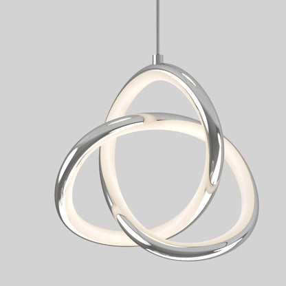 A modern pendant light with three interlocking, metallic rings featuring built-in LED illumination, suspended from a cord against a plain light gray background.