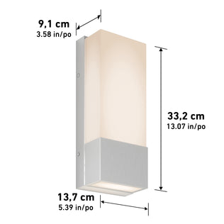 The Artika Dixon indoor-outdoor LED wall light features a frosted shade and metallic base, measuring 33.2 cm (H) x 13.7 cm (W) x 9.1 cm (D).