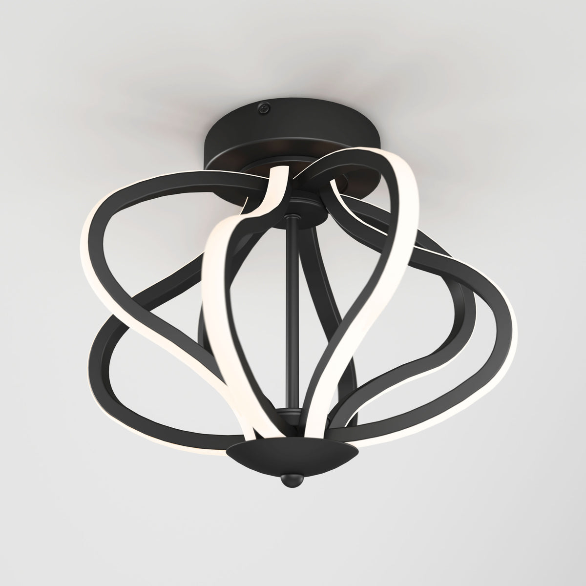 Modern ceiling light fixture with curved black metal arms and integrated white LED strips, forming an abstract, spherical shape, mounted on a white ceiling.