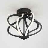 Modern ceiling light fixture with curved black metal arms and integrated white LED strips, forming an abstract, spherical shape, mounted on a white ceiling.