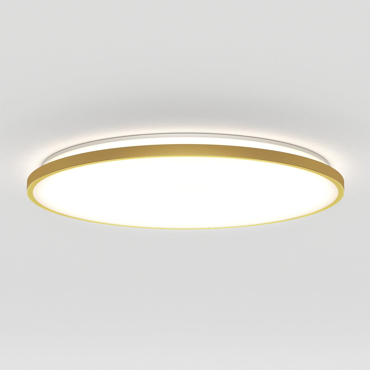 The Artika Europa 21 in. LED modern flush mount light features a round design with a gold rim and bright white center, and mounts seamlessly on a plain white ceiling. Comes with remote control for easy operation.