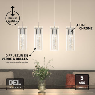 Artika Essence 4-light LED pendant with bubble glass cylinders, adjustable height, and chrome finish for living room lighting.