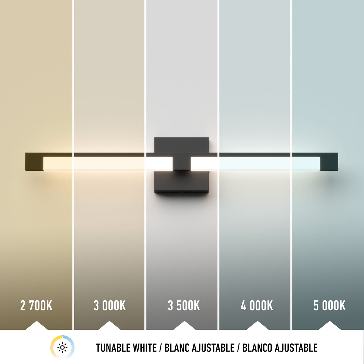 The Artika Tivoli modern LED bathroom vanity light 5 CCT offers adjustable lighting with five color temperatures from 2700K (warm) to 5000K (cool), displayed left to right. It's compatible with LED dimmer switches for custom ambiance.