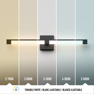 The Artika Tivoli modern LED bathroom vanity light 5 CCT offers adjustable lighting with five color temperatures from 2700K (warm) to 5000K (cool), displayed left to right. It's compatible with LED dimmer switches for custom ambiance.