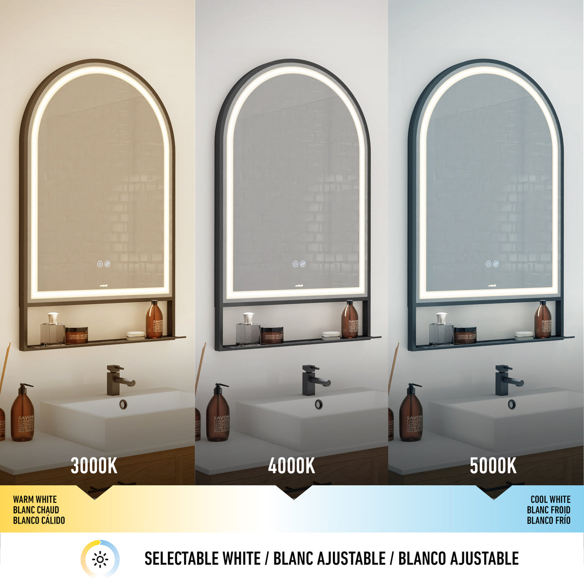 Three bathroom mirrors with LED lighting are shown side by side, each displaying different color temperatures: 3000K warm white, 4000K neutral white, and 5000K cool white, above a modern sink and countertop.