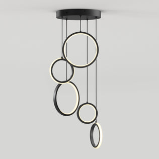 The Artika Elmo 5-light LED pendant features five illuminated rings in varying sizes, suspended at different heights from a round black base—modern design perfect against any plain white background.