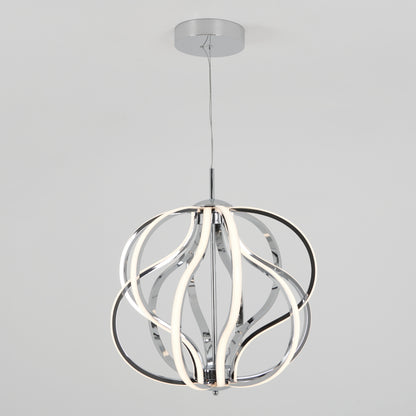 The Meridian LED pendant light by Artika features curved chrome metal bands and integrated LED strips, suspended from a round mount against a white background—a striking example of contemporary lighting.