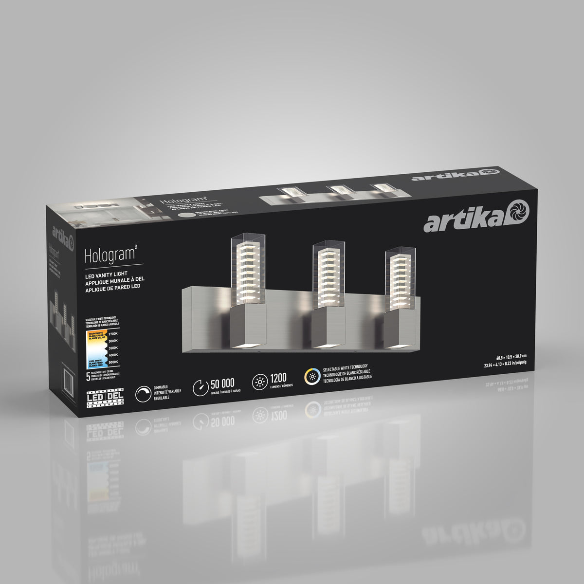 Sleek black box for Artika Hologram LED modern bathroom vanity light 5 CCT, showing fixture and details on gray background.