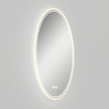 A round, wall-mounted mirror with LED lighting around its edge is shown against a plain light grey background. The mirror has touch controls at the bottom center.