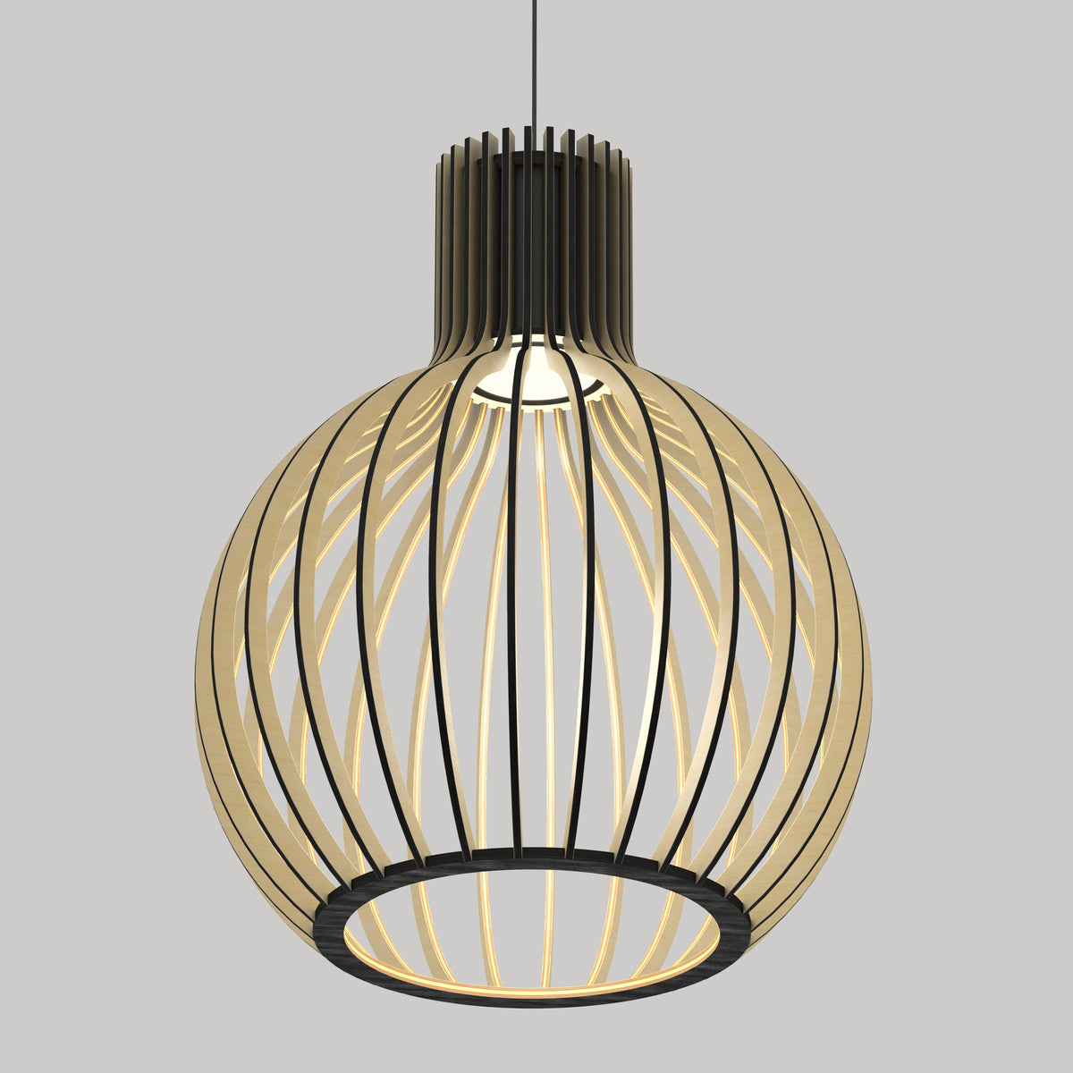 Modern pendant light with a spherical, open wooden slat design, allowing light to shine through the vertical strips. The lamp hangs from a black cord against a plain gray background.