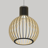 Modern pendant light with a spherical, open wooden slat design, allowing light to shine through the vertical strips. The lamp hangs from a black cord against a plain gray background.