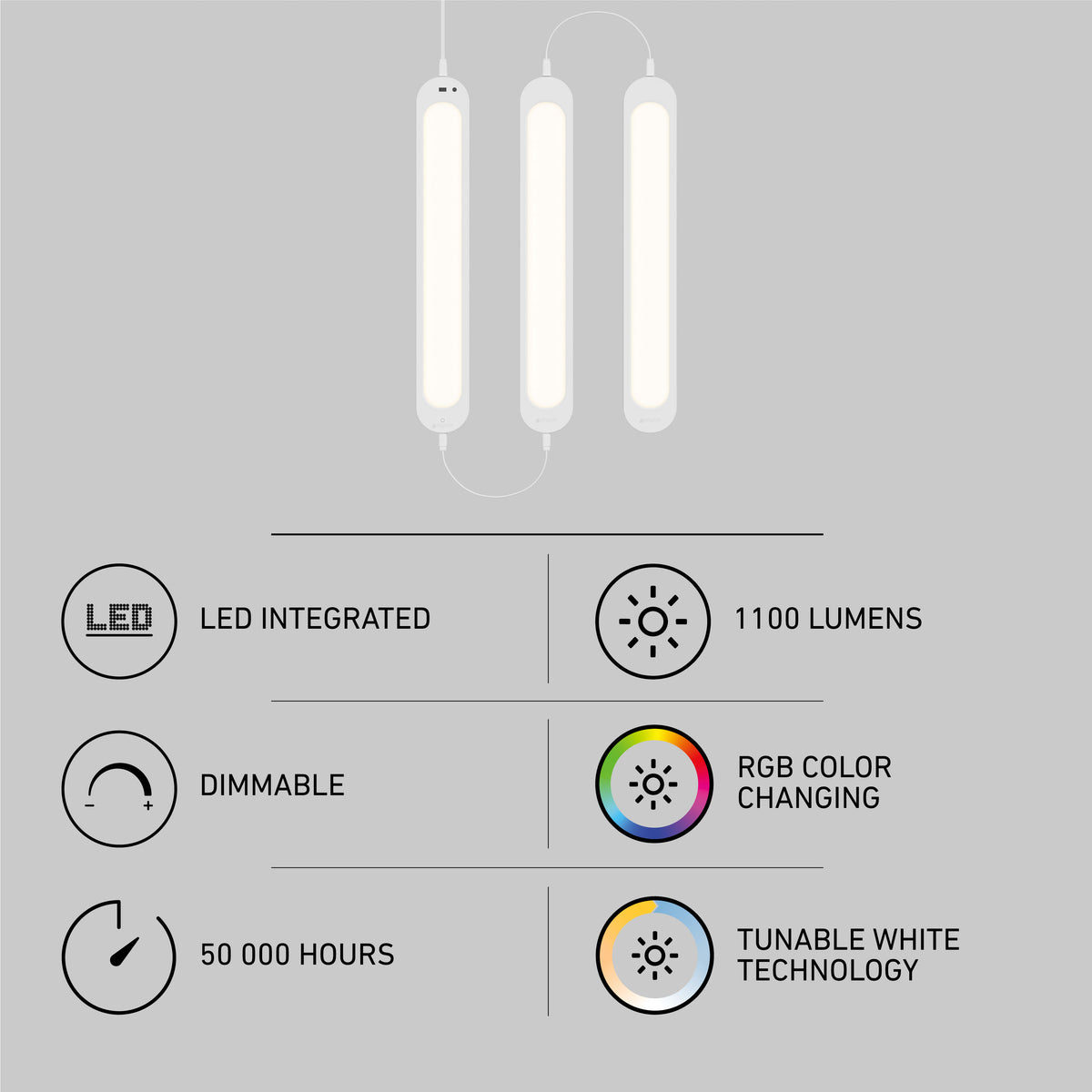 Three Artika Impulse Under-Cabinet LED Lights: dimmable, 50,000 hrs, 1100 lumens, RGB+CCT tech, remote included.