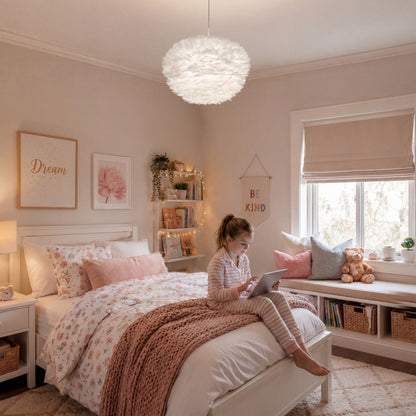 A young girl in pajamas uses a tablet on a pastel bed, illuminated by Artika’s Plume LED pendant light in her tidy bedroom.