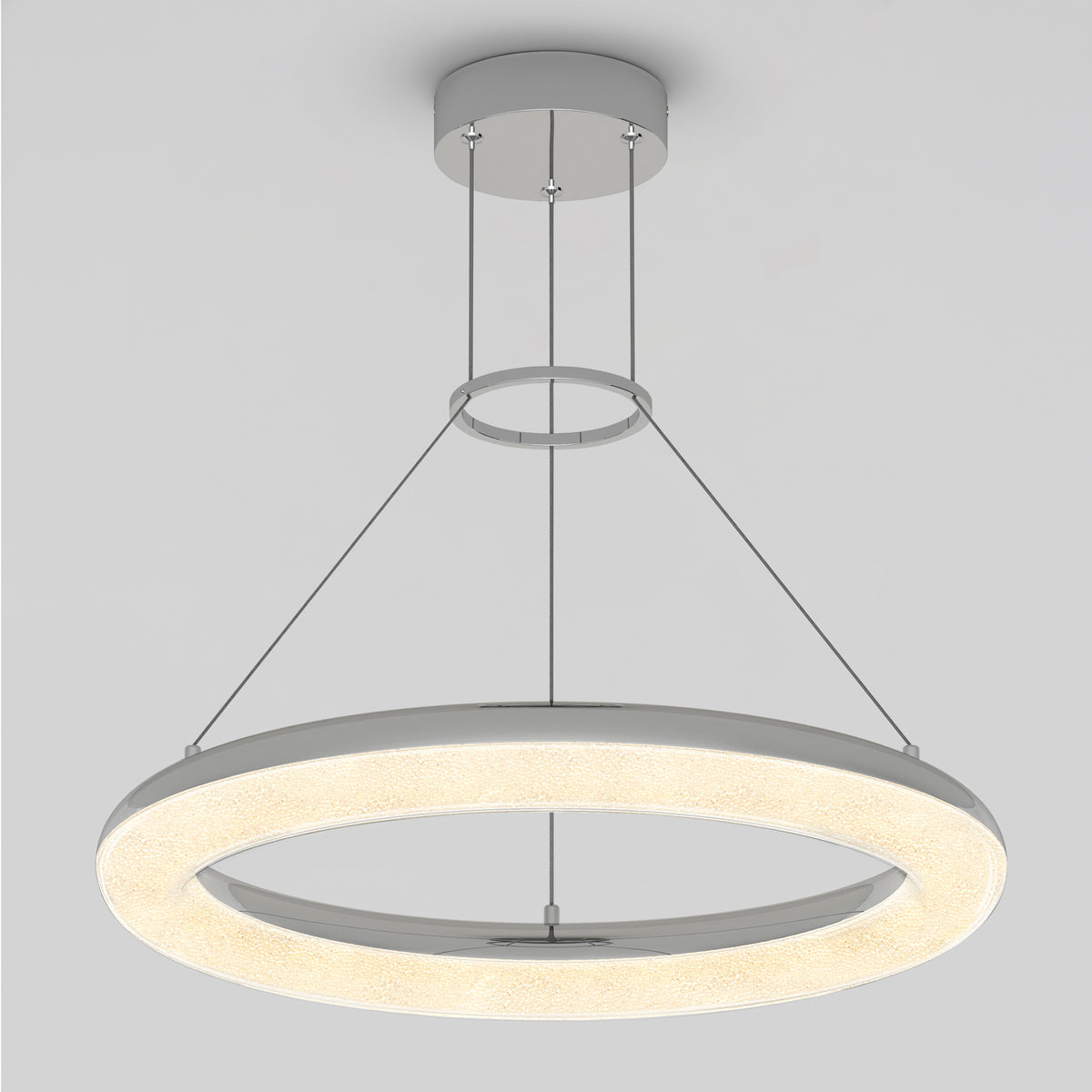 The Artika Famous Optical LED pendant light 5 CCT features a modern circular design with a frosted ring, suspended by four slim cables. Its matte silver finish and soft, even illumination make it an elegant ceiling fixture.