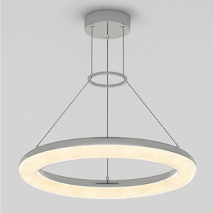 The Artika Famous Optical LED pendant light 5 CCT features a modern circular design with a frosted ring, suspended by four slim cables. Its matte silver finish and soft, even illumination make it an elegant ceiling fixture.