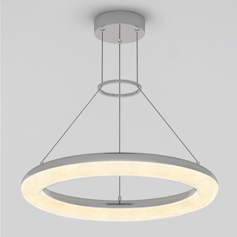 The Artika Famous Optical LED pendant light 5 CCT features a modern circular design with a frosted ring, suspended by four slim cables. Its matte silver finish and soft, even illumination make it an elegant ceiling fixture.