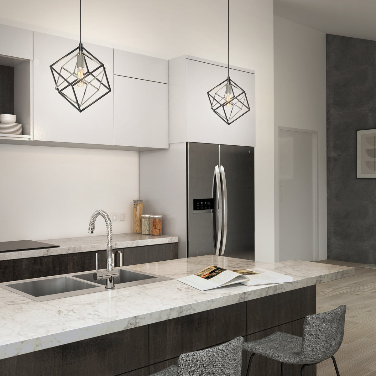 Modern kitchen with marble countertops, dark lower cabinets, stainless steel appliances, a built-in sink, and two gray upholstered bar stools at the island. Artika’s Imperium Single pendant light hangs overhead; an open magazine rests on the counter.