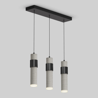 The Artika Barden 3-light LED pendant features three cylindrical gray concrete lights with black accents, suspended from a black rectangular mount, shown against a plain gray background.