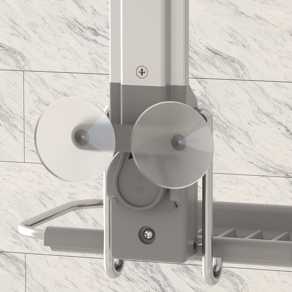 Close-up of a metallic wall-mounted device with two clear suction cups and a gray plastic base, attached to a tiled wall with a marble pattern. The device has an UP arrow and metal bars on the sides.