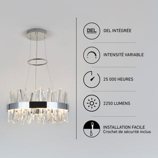 Enchanted LED pendant light with crystal accents, 2250-lumen output, 25,000-hour lifespan, and an easy-install safety hook.