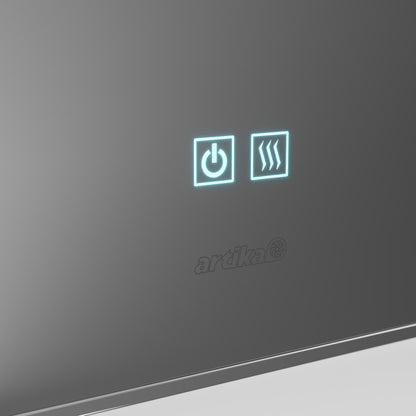 A close-up of a smooth, reflective surface with two illuminated touch icons: a power button on the left and a steam or heat icon on the right. The word artika is faintly visible below the icons.