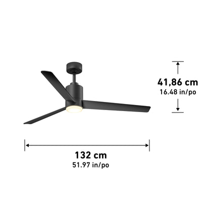 The Artika Ellison 52 in. LED modern ceiling fan features three blades, a light, and remote control; its dimensions are 41.86 cm (16.48 in) high by 132 cm (51.97 in) wide.