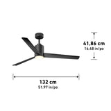 Black ceiling fan with three blades and built-in light. Dimensions are labeled: width 132 cm (51.97 in) and height 41.86 cm (16.48 in). The fan is viewed against a white background.