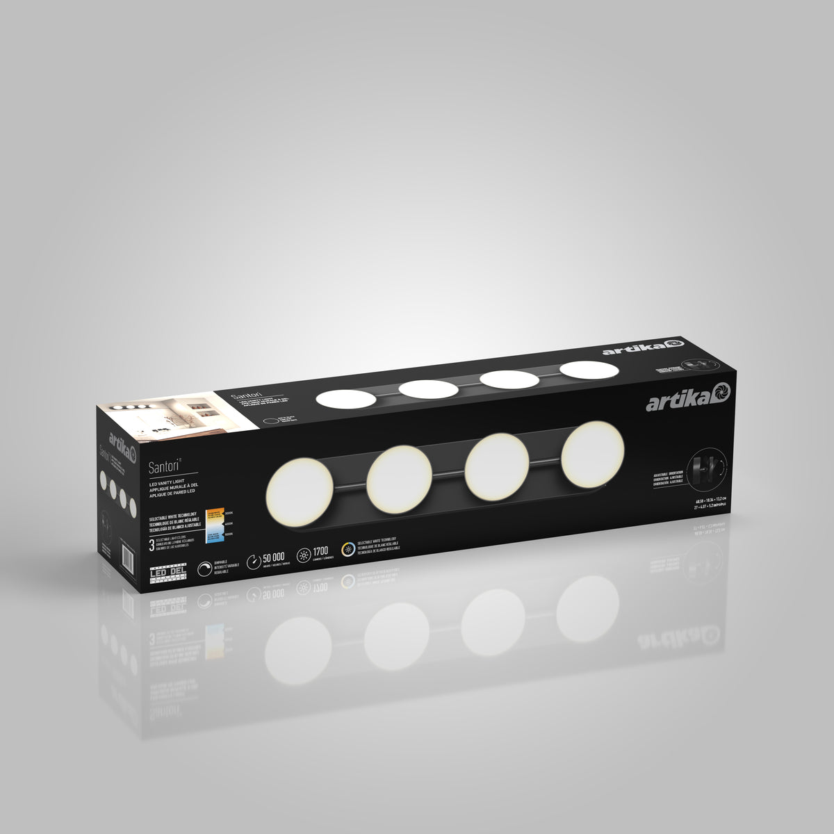A black rectangular box with the brand name Artika featuring a photo and illustration of a four-light vanity fixture called Santon with round white lights, product details, and energy rating icons on the packaging.