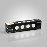 A black rectangular box with the brand name Artika featuring a photo and illustration of a four-light vanity fixture called Santon with round white lights, product details, and energy rating icons on the packaging.