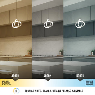A kitchen is shown under three Zephyr LED pendant lights by Artika: warm white (3000K), neutral white (4000K), and cool white (5000K), illustrating how each setting changes the ambiance and cabinet colors.