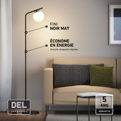 Artika Clayton dimmable LED modern mid-century floor lamp with a spherical glass shade, matte black finish, and integrated LED.