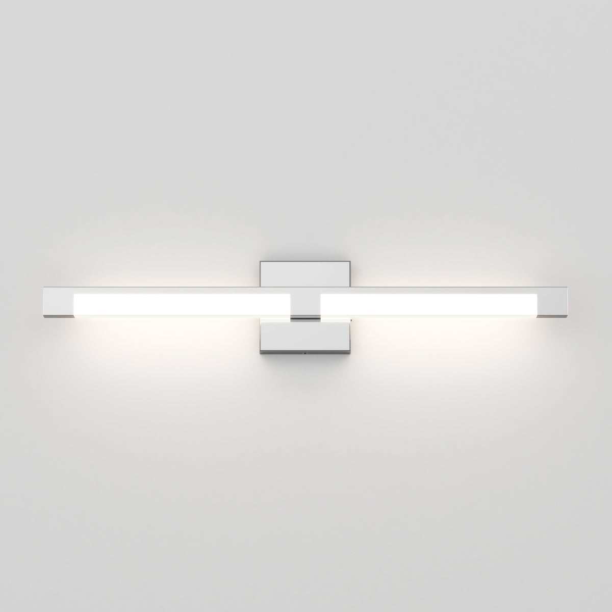 A modern, minimalist wall-mounted light fixture with a rectangular base and a horizontal bar emitting bright white light on both sides, set against a plain white wall.