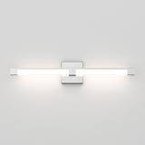 A modern, minimalist wall-mounted light fixture with a rectangular base and a horizontal bar emitting bright white light on both sides, set against a plain white wall.