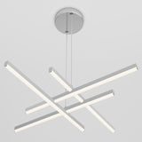 A modern LED chandelier with four intersecting horizontal light bars hangs from a round chrome ceiling mount against a plain white background.